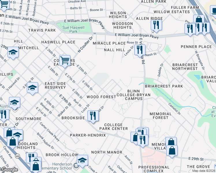map of restaurants, bars, coffee shops, grocery stores, and more near in Bryan