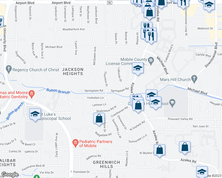 map of restaurants, bars, coffee shops, grocery stores, and more near 4082 Springdale Road in Mobile