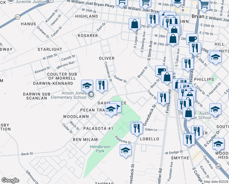 map of restaurants, bars, coffee shops, grocery stores, and more near 1309-1399 Beck St in Bryan