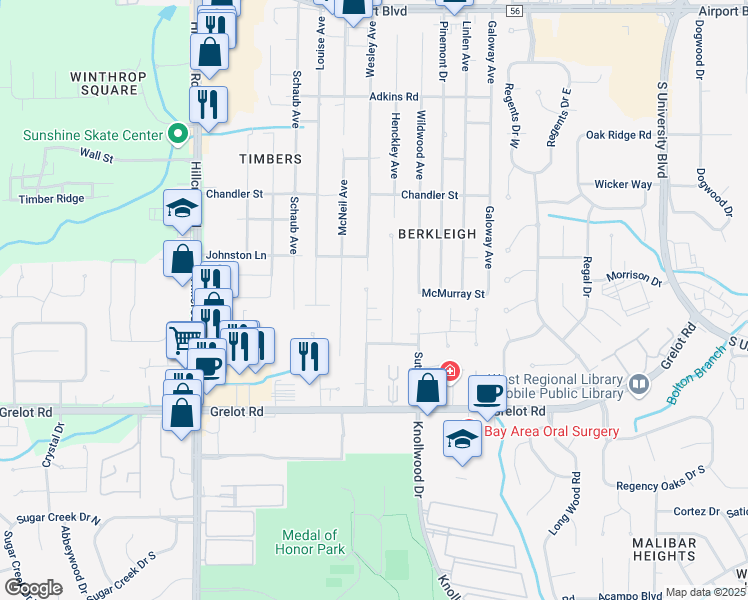 map of restaurants, bars, coffee shops, grocery stores, and more near 1100 Savannah Drive in Mobile