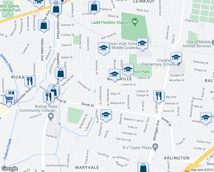 map of restaurants, bars, coffee shops, grocery stores, and more near 1150 Rotterdam Street in Mobile