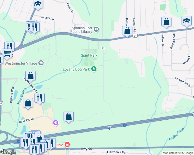 map of restaurants, bars, coffee shops, grocery stores, and more near 7388 Huckleberry Lane in Spanish Fort
