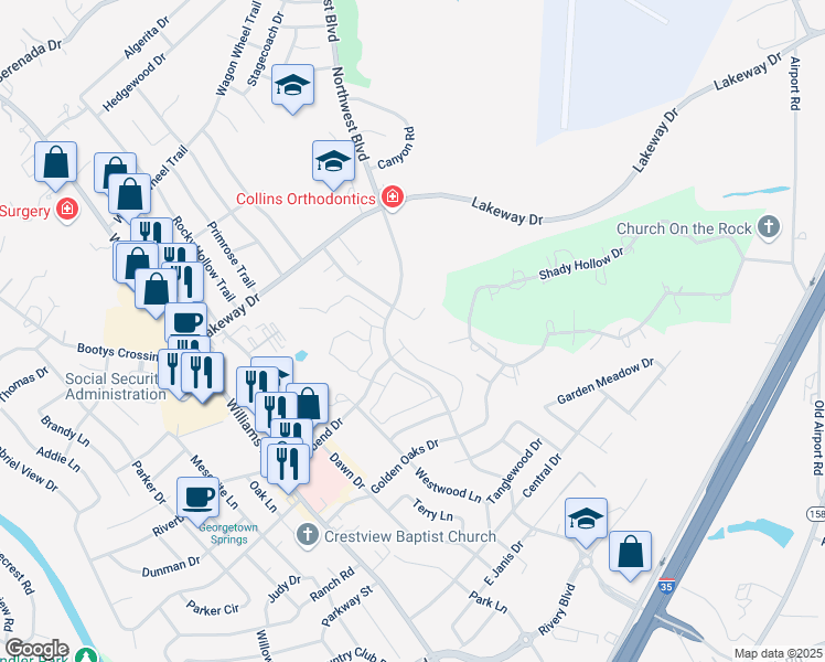 map of restaurants, bars, coffee shops, grocery stores, and more near 2909 Whisper Oaks Lane in Georgetown