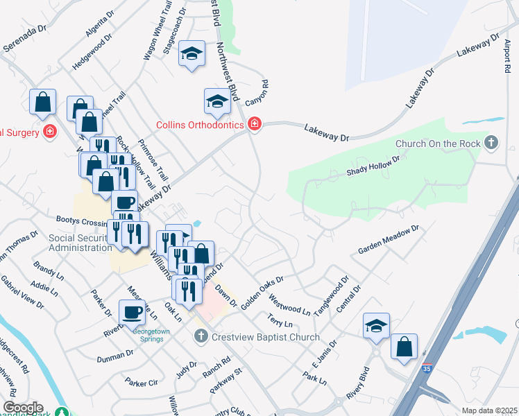 map of restaurants, bars, coffee shops, grocery stores, and more near 3000 Whisper Oaks Lane in Georgetown