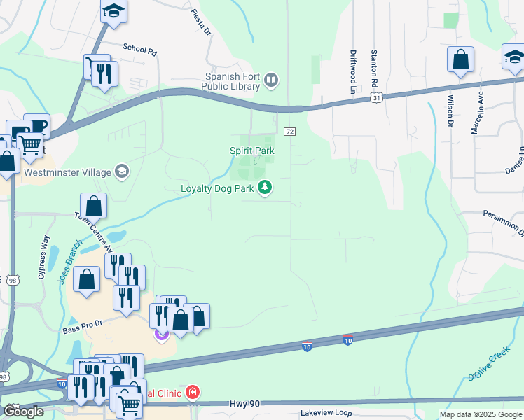 map of restaurants, bars, coffee shops, grocery stores, and more near 7388 Huckleberry Ln in Spanish Fort