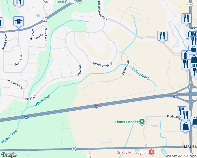 map of restaurants, bars, coffee shops, grocery stores, and more near 30026 Dolive Ridge in Spanish Fort