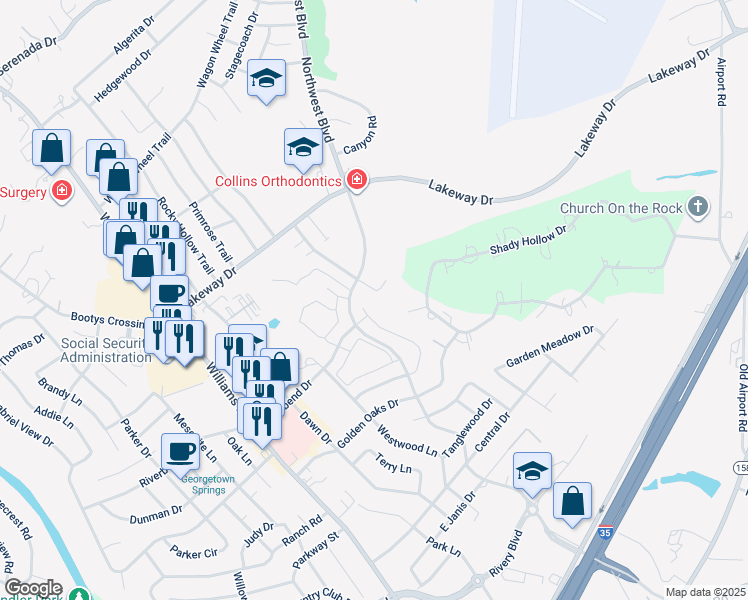 map of restaurants, bars, coffee shops, grocery stores, and more near 2908 Whisper Oaks Lane in Georgetown