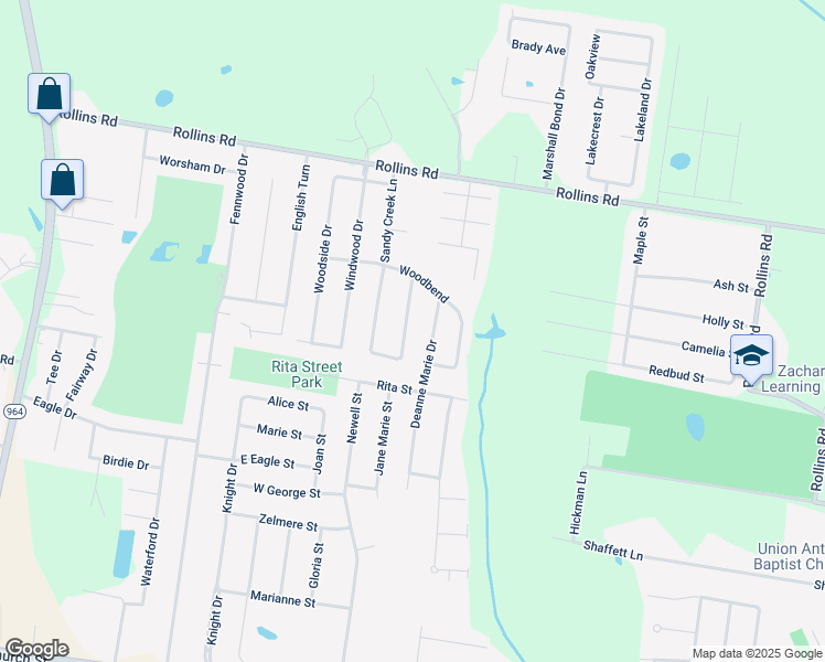 map of restaurants, bars, coffee shops, grocery stores, and more near 6196 Shallow Brook Lane in Zachary