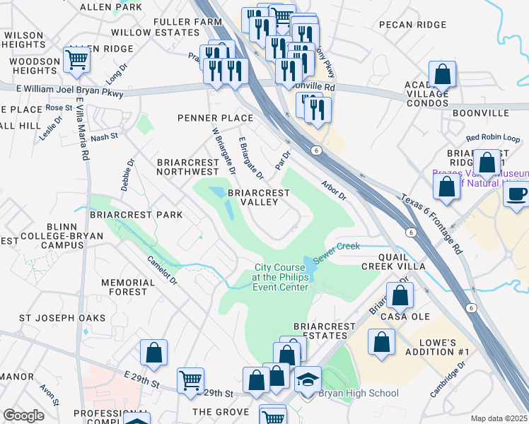 map of restaurants, bars, coffee shops, grocery stores, and more near 2802 Meadow Briar Circle in Bryan