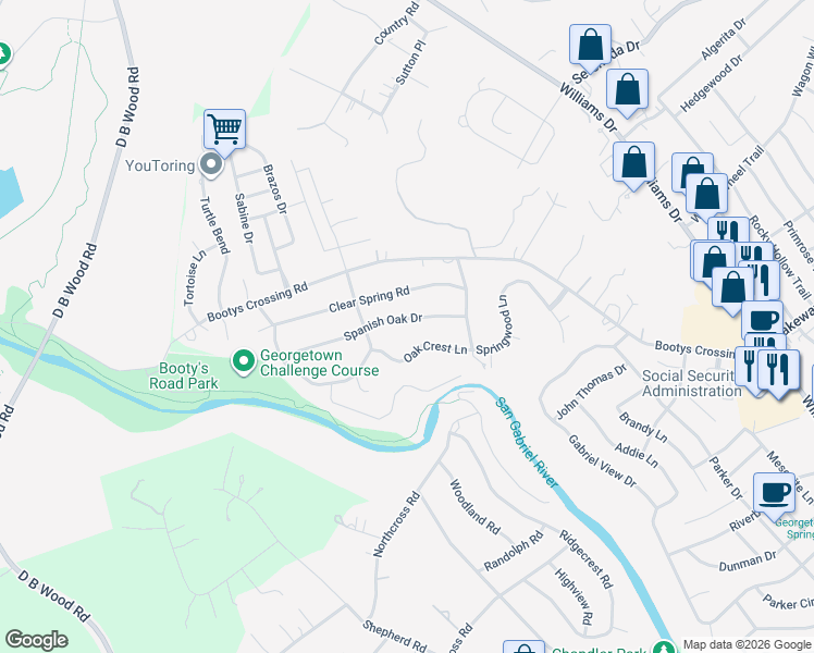 map of restaurants, bars, coffee shops, grocery stores, and more near 125 Spanish Oak Drive in Georgetown