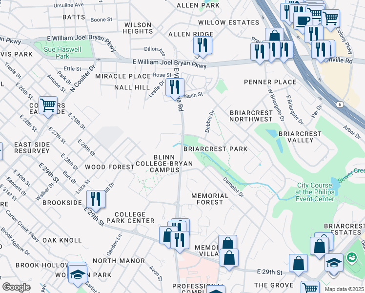 map of restaurants, bars, coffee shops, grocery stores, and more near 2551 East Villa Maria Road in Bryan