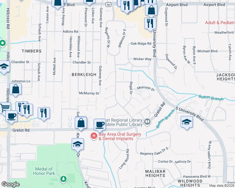 map of restaurants, bars, coffee shops, grocery stores, and more near 1063 Westbury Drive in Mobile