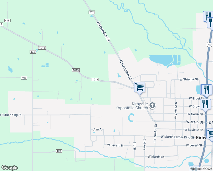 map of restaurants, bars, coffee shops, grocery stores, and more near 857 County Highway 1013 in Kirbyville