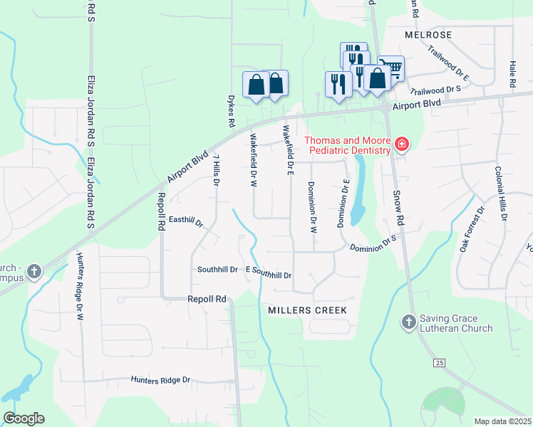 map of restaurants, bars, coffee shops, grocery stores, and more near 1172 Wakefield Court South in Mobile