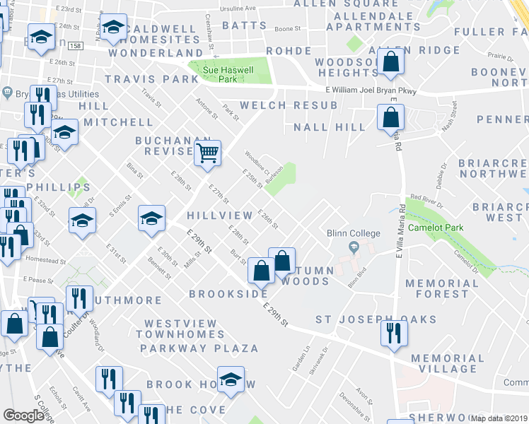 map of restaurants, bars, coffee shops, grocery stores, and more near 101 North Brown Street in Bryan