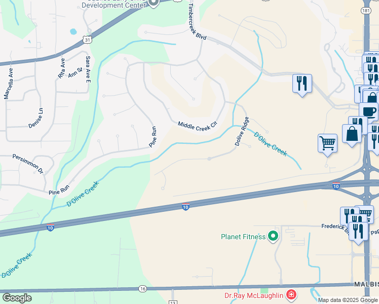 map of restaurants, bars, coffee shops, grocery stores, and more near 30026 Dolive Ridge in Spanish Fort