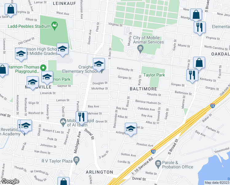 map of restaurants, bars, coffee shops, grocery stores, and more near 1255 Seneca Street in Mobile