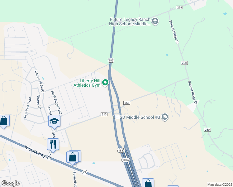 map of restaurants, bars, coffee shops, grocery stores, and more near North US Highway 183 in Liberty Hill