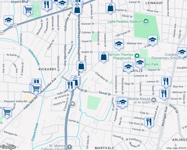 map of restaurants, bars, coffee shops, grocery stores, and more near 1010 Cherokee Street in Mobile