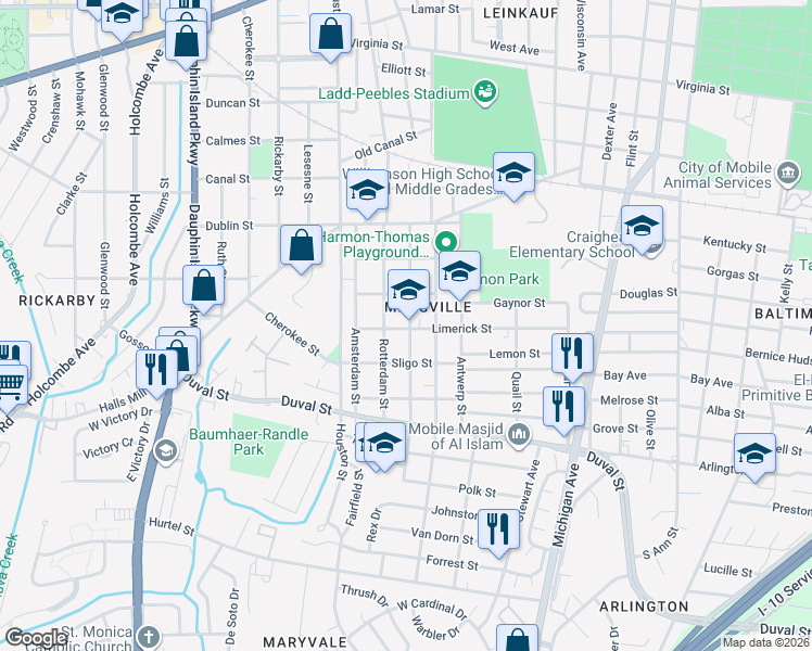 map of restaurants, bars, coffee shops, grocery stores, and more near 1700 Dominick Street in Mobile