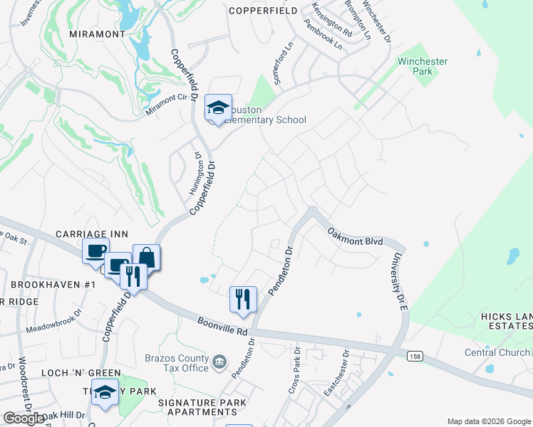 map of restaurants, bars, coffee shops, grocery stores, and more near 5105 Maroon Creek Drive in Bryan