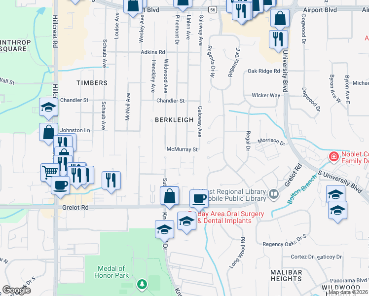 map of restaurants, bars, coffee shops, grocery stores, and more near 1308 Linlen Avenue in Mobile