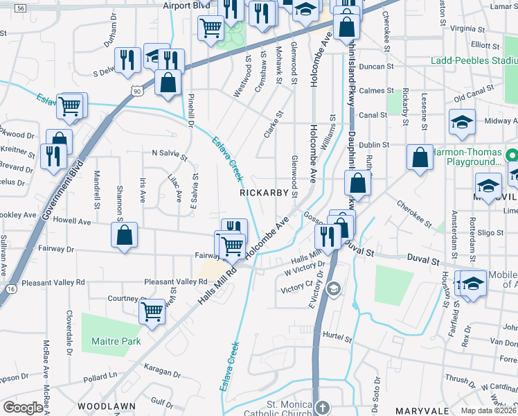 map of restaurants, bars, coffee shops, grocery stores, and more near 728 Bankhead Place in Mobile
