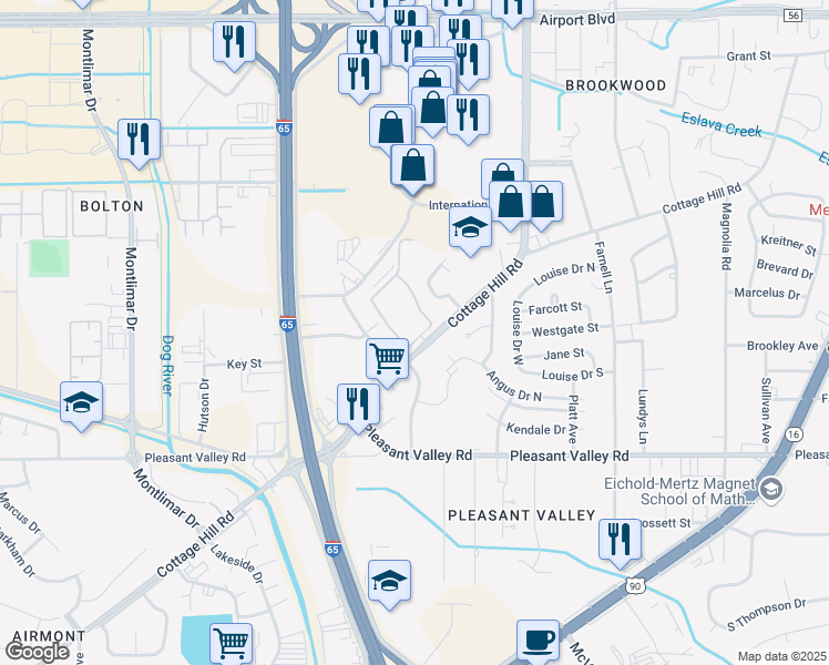 map of restaurants, bars, coffee shops, grocery stores, and more near 3208 Cottage Hill Road in Mobile
