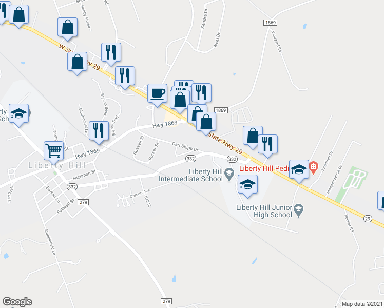 map of restaurants, bars, coffee shops, grocery stores, and more near 314 Main Street in Liberty Hill