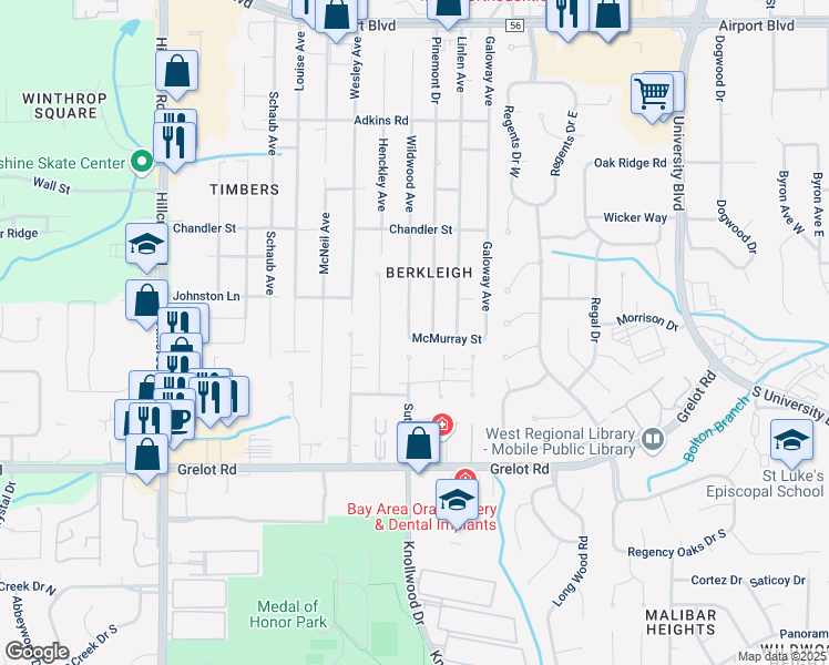 map of restaurants, bars, coffee shops, grocery stores, and more near 1117 Wildwood Avenue in Mobile