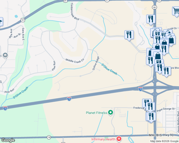 map of restaurants, bars, coffee shops, grocery stores, and more near 30230 Dolive Ridge in Spanish Fort