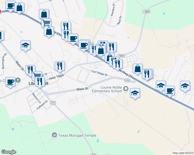 map of restaurants, bars, coffee shops, grocery stores, and more near 104 Liberty Place Cove in Liberty Hill