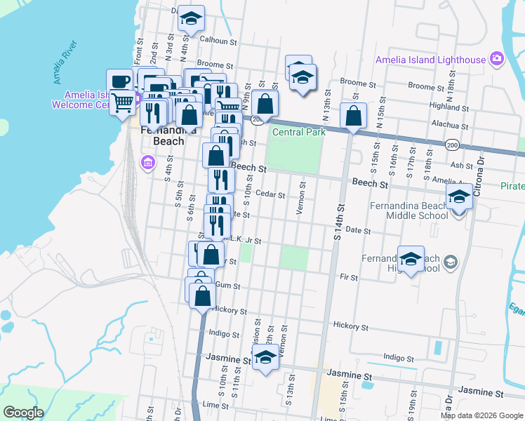 map of restaurants, bars, coffee shops, grocery stores, and more near 314 South 10th Street in Fernandina Beach