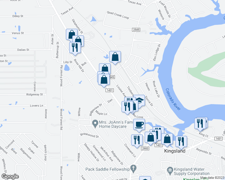 map of restaurants, bars, coffee shops, grocery stores, and more near 2402 Ranch Road 1431 in Kingsland
