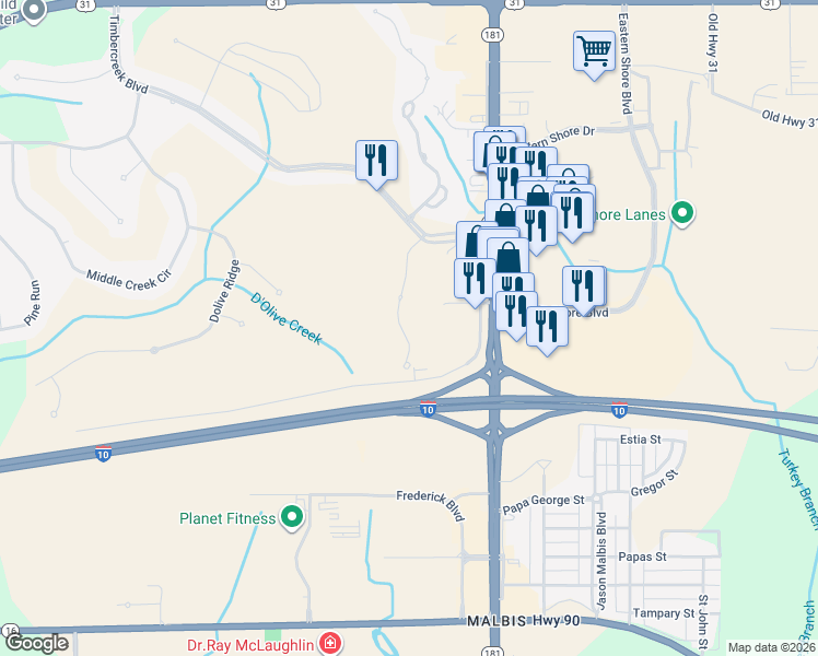 map of restaurants, bars, coffee shops, grocery stores, and more near 30230 Green Ct in Spanish Fort
