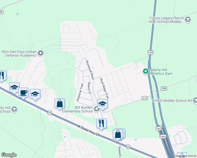 map of restaurants, bars, coffee shops, grocery stores, and more near 112 Limestone Road in Liberty Hill