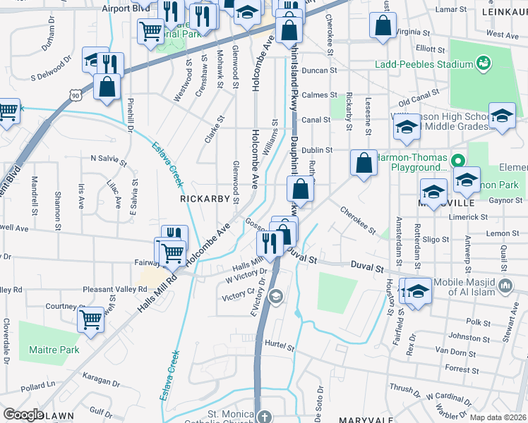 map of restaurants, bars, coffee shops, grocery stores, and more near 720 Johnston Avenue in Mobile