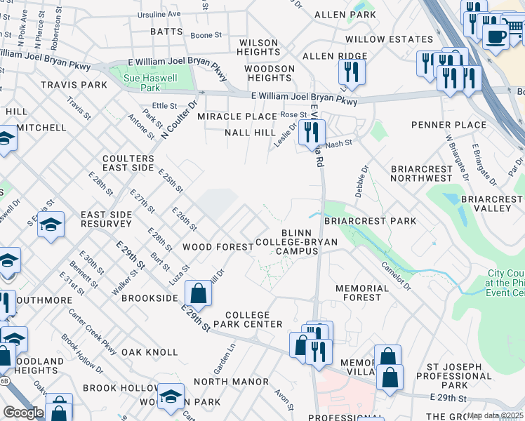 map of restaurants, bars, coffee shops, grocery stores, and more near 1905 Gettysburg in Bryan