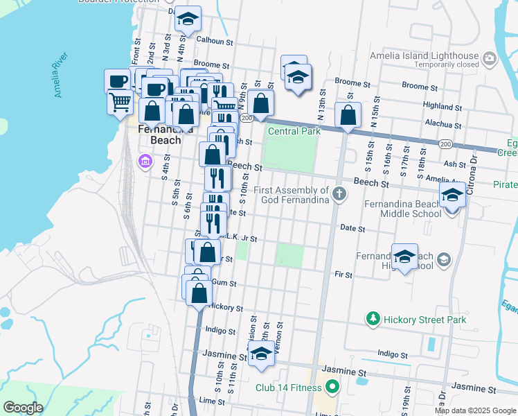 map of restaurants, bars, coffee shops, grocery stores, and more near 314 South 10th Street in Fernandina Beach