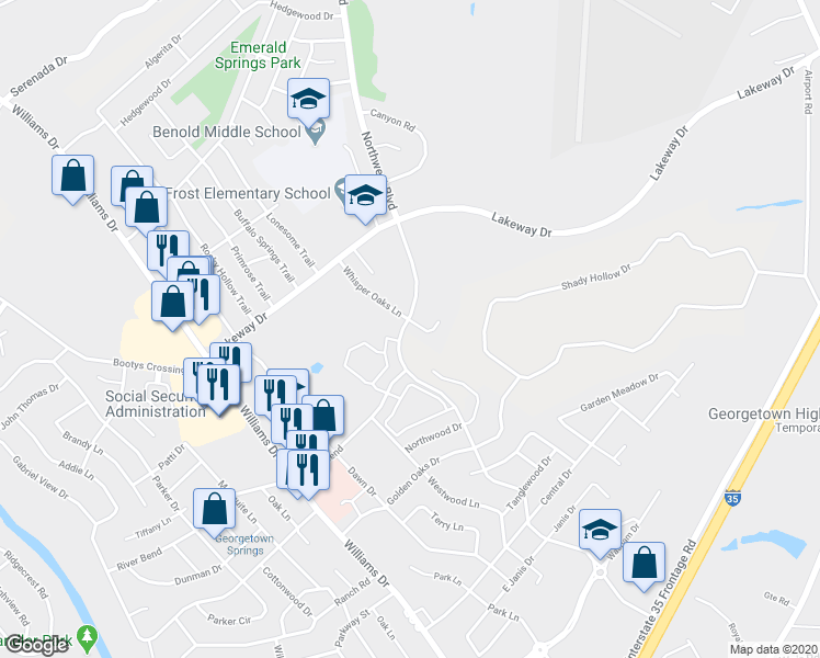 map of restaurants, bars, coffee shops, grocery stores, and more near 3000 Whisper Oaks Lane in Georgetown