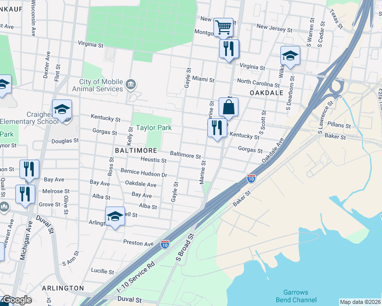map of restaurants, bars, coffee shops, grocery stores, and more near 966 Baltimore Street in Mobile