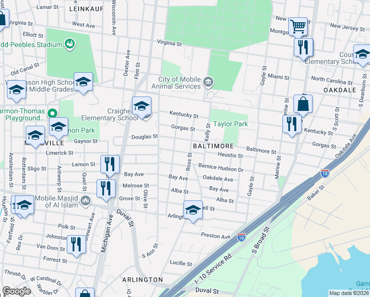 map of restaurants, bars, coffee shops, grocery stores, and more near 1051 Ross Street in Mobile
