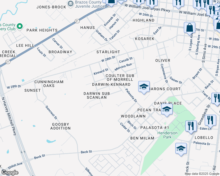 map of restaurants, bars, coffee shops, grocery stores, and more near 1705 Marshall Avenue in Bryan