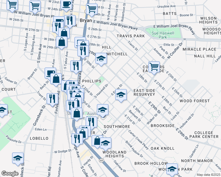 map of restaurants, bars, coffee shops, grocery stores, and more near 805 East 30th Street in Bryan