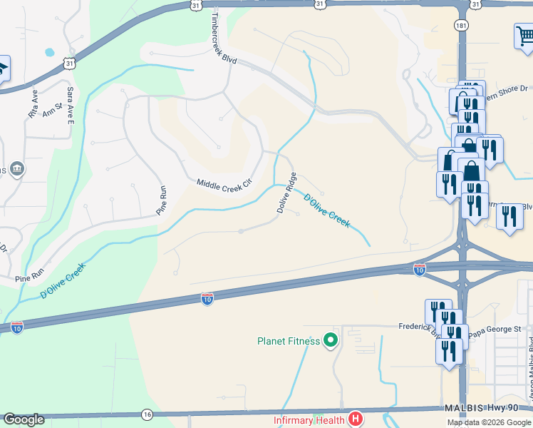 map of restaurants, bars, coffee shops, grocery stores, and more near 30230 Dolive Ridge in Spanish Fort