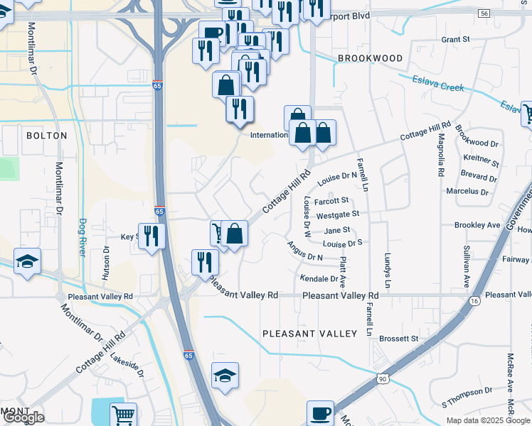 map of restaurants, bars, coffee shops, grocery stores, and more near 3121 Cottage Hill Road in Mobile