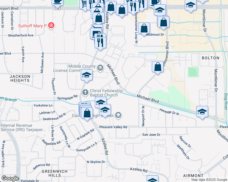 map of restaurants, bars, coffee shops, grocery stores, and more near 3907 Michael Boulevard in Mobile