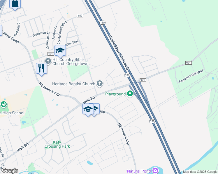 map of restaurants, bars, coffee shops, grocery stores, and more near 4092 Farm to Market Road 971 in Georgetown