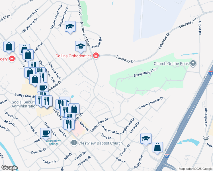 map of restaurants, bars, coffee shops, grocery stores, and more near 2909 Whisper Oaks Lane in Georgetown