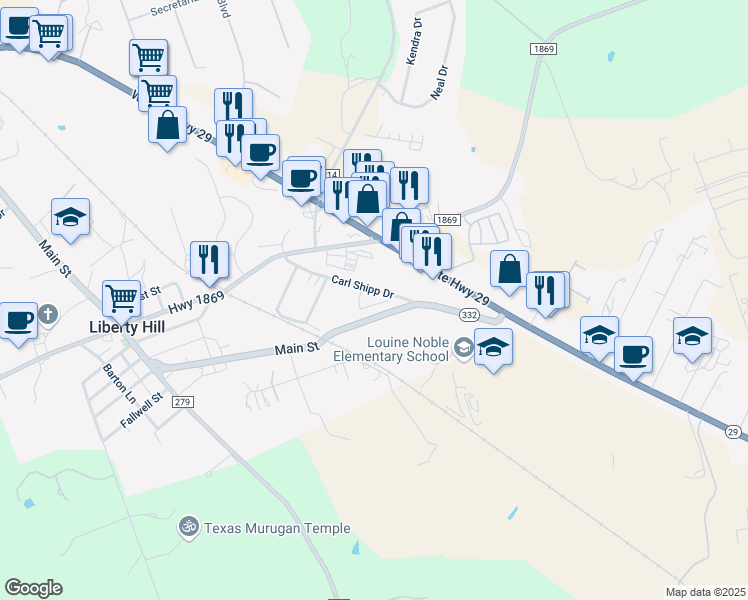 map of restaurants, bars, coffee shops, grocery stores, and more near 400 Carl Shipp Drive in Liberty Hill